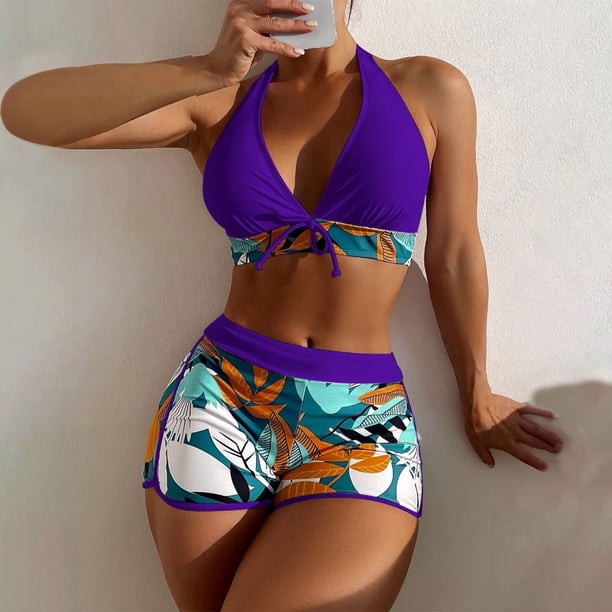 Mejor Belleza Mujer Traje de Baño de Moda Aumentar el tamaño 2 Piezas Tankini Tops de Bikini y Partes de Abajo Morado M