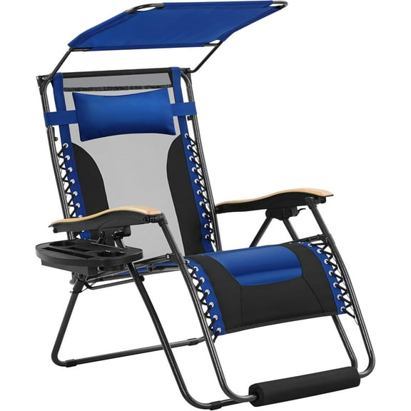 ZOPan 29in Zero Gravity Chair, Adjustable Patio Padded Anti Gravity Recliner Foldable Outdoor Lounger with Cup Holder Tray, Canopy Shade and Headrest for Beach Camping Navy Blue/Black/1