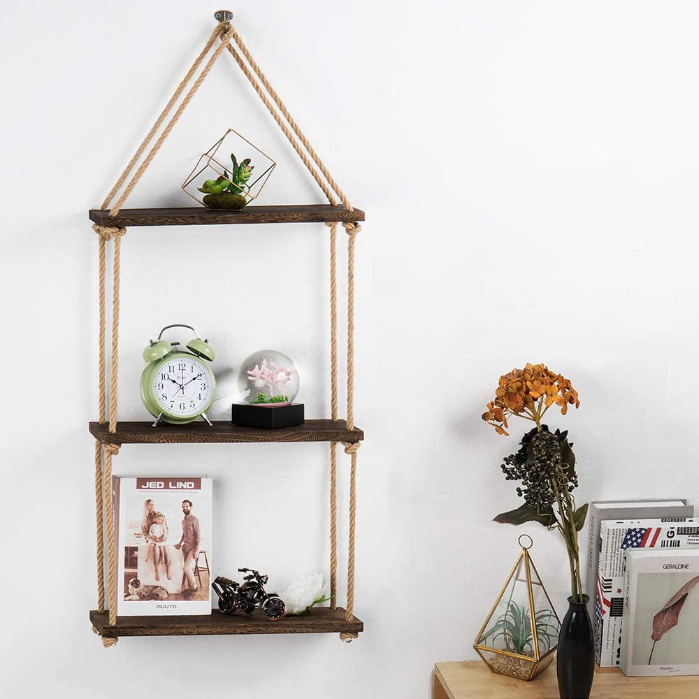 LIANTRAL Hanging Shelves 3 Tier Tiered Wood Shelves Rack Rope Shelf