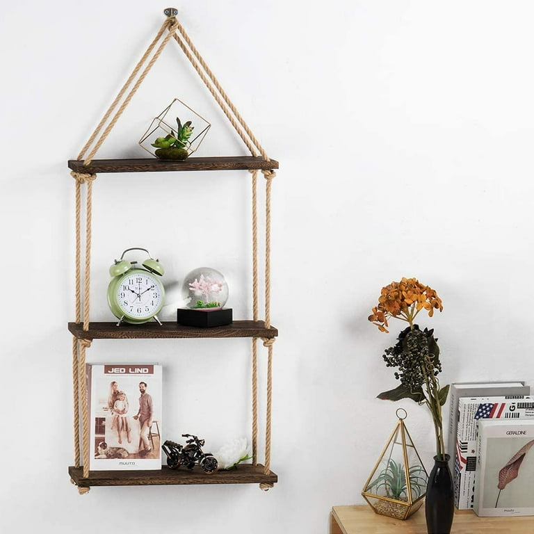 LIANTRAL Hanging Shelves 3 Tier Tiered Wood Shelves Rack Rope Shelf, Size: 5.9 inch x 15.75 inch