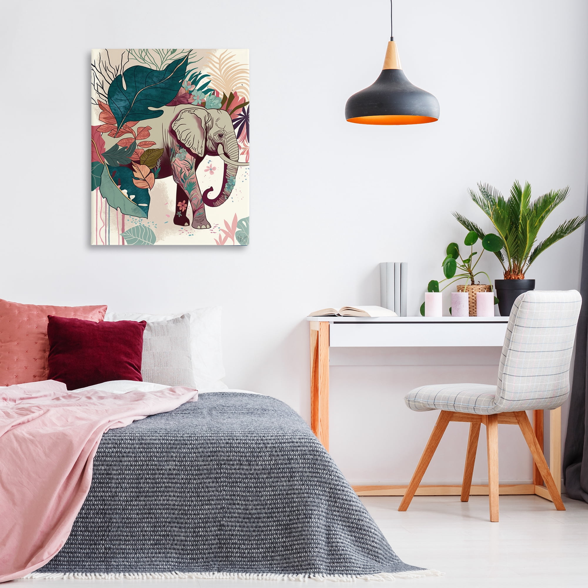 Stupell Industries Elephant & Tropical Leaves Animals & Insects Painting Gallery Wrapped Canvas Art Print Wall Art, 30 x 40