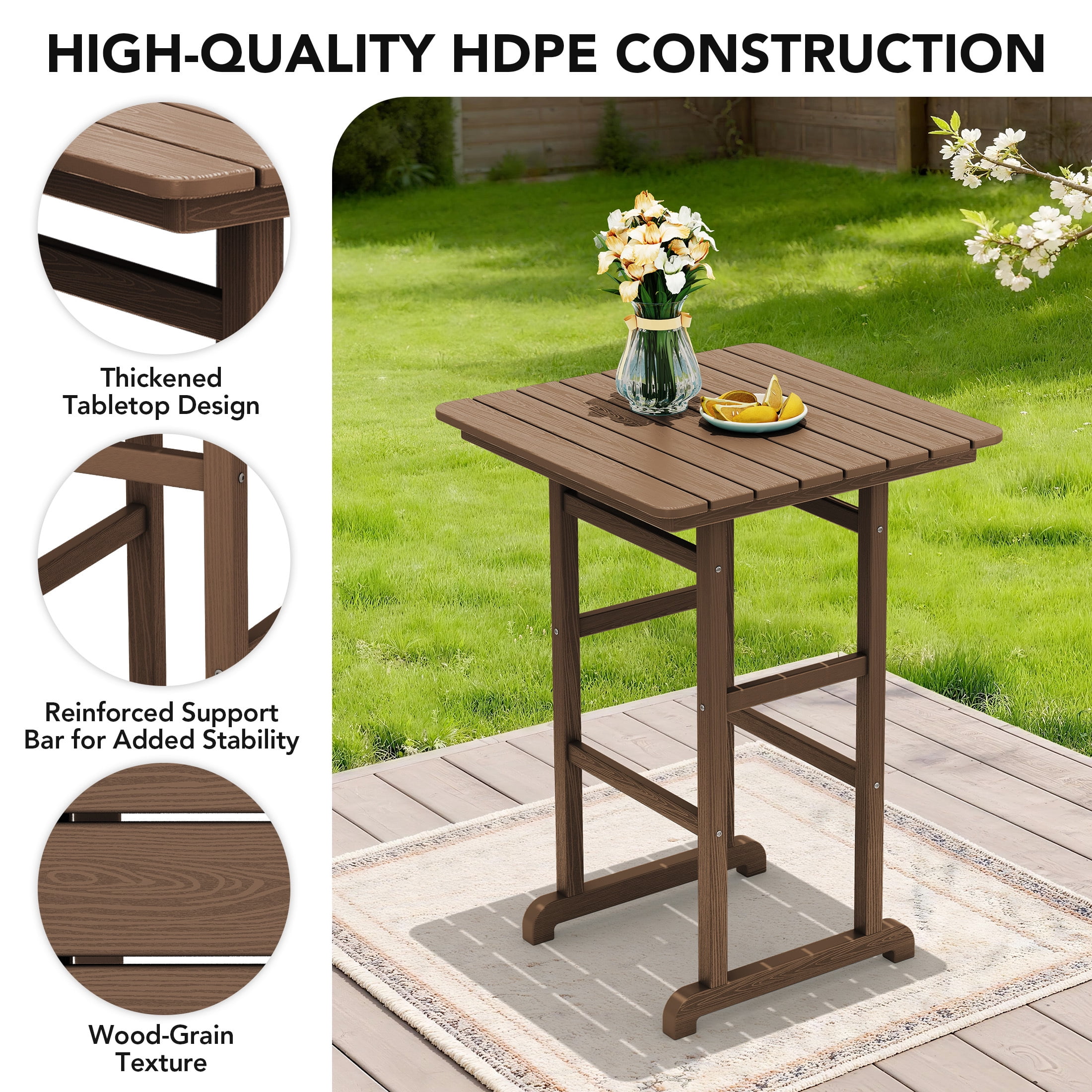 RIAFUN HDPE Outdoor Bar Set of 5 - 1 Height Bar Table & 4 Oversized Wide Seat Tall Adirondack Chairs, Weather Resistant for Patio, Poolside, Garden, Brown