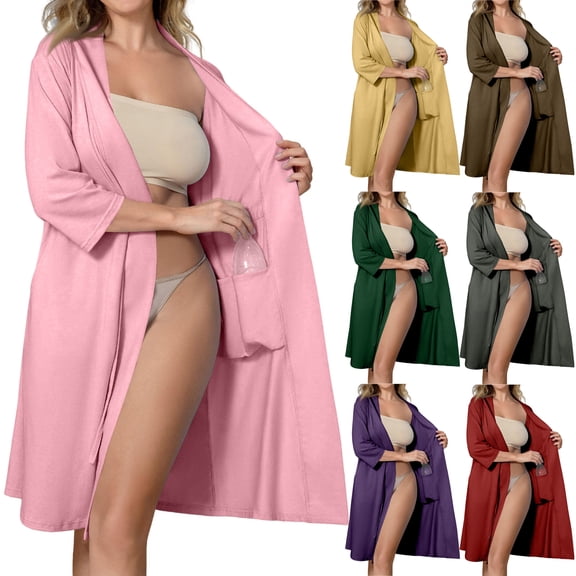 Iaqnaocc Post Surgery Mastectomy Robes for Women Mastectomy Surgery Recovery with 4 Internal Drain Pockets Women 3/4 Sleeve Oversized Nightgowns for Women Pink XL