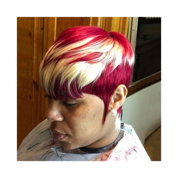 Short Human Hair Pixie Cut Wig with Bangs Burgundy Wig Full Machine Made Haircut Wig