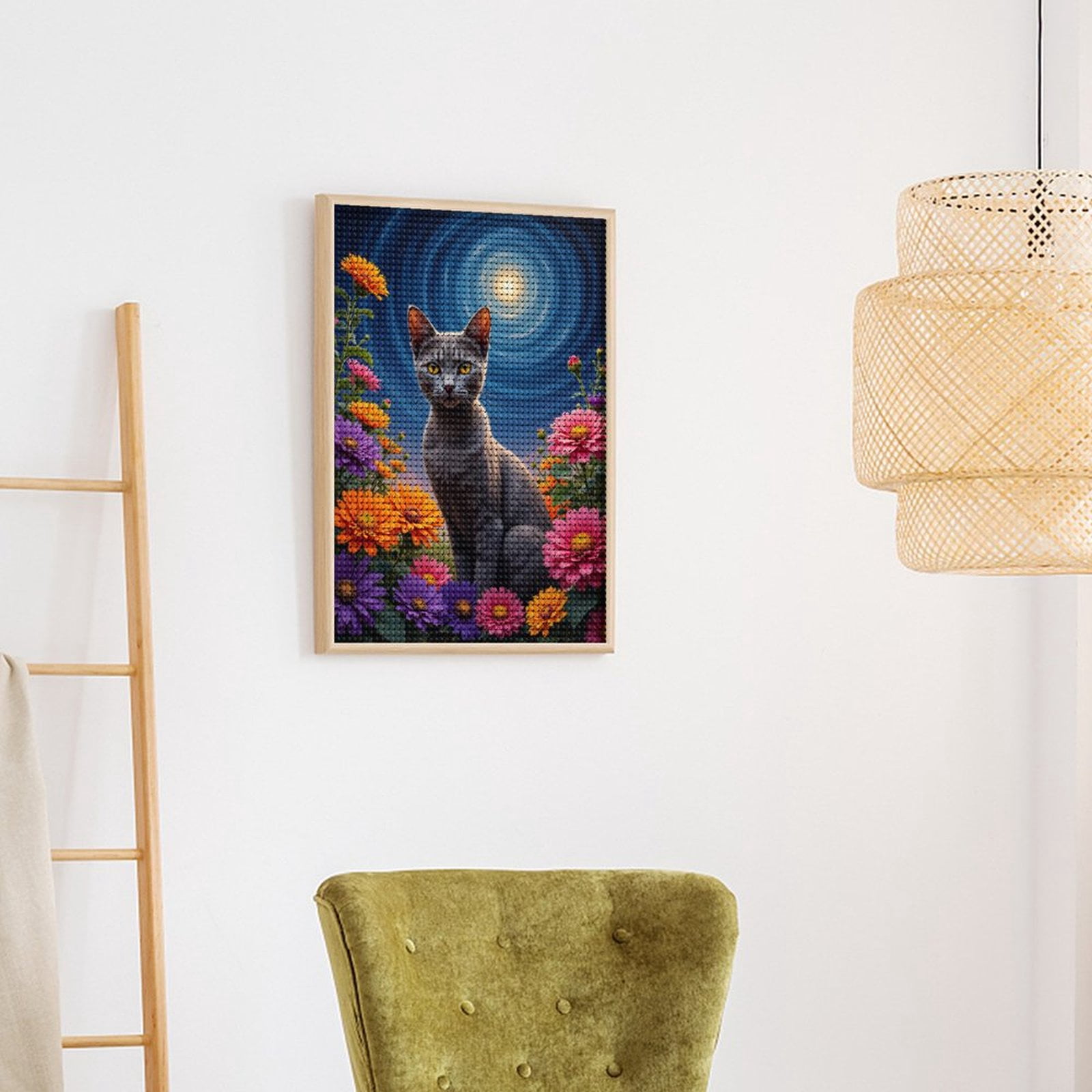 Diamond Art Kit for Adults, Cat Moonlit Floral Night Sky Diamond Painting for Adults Beginners, 5D DIY Diamond Art Painting Kits, Colorful Diamond Painting Craft for Home Decor 12x16