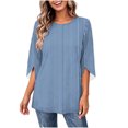 thumbnail image 4 of YuXingFu Going Out Tops for Women Round Neck Pleated Ruffle Hem for Casual Loose Fit Tees Tops Light Blue S, 4 of 8