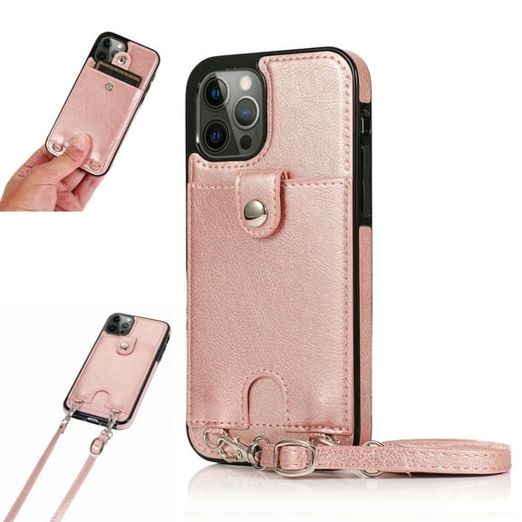 Crossbody Phone Case for iPhone 13 Pro(6.1") 2021, Allytech PU Leather Back Card Holder Detachable Lanyard Adjustable Strap Drop Protection Purse Slim Bag Case for iPhone 13 Pro 2021, Rosegold