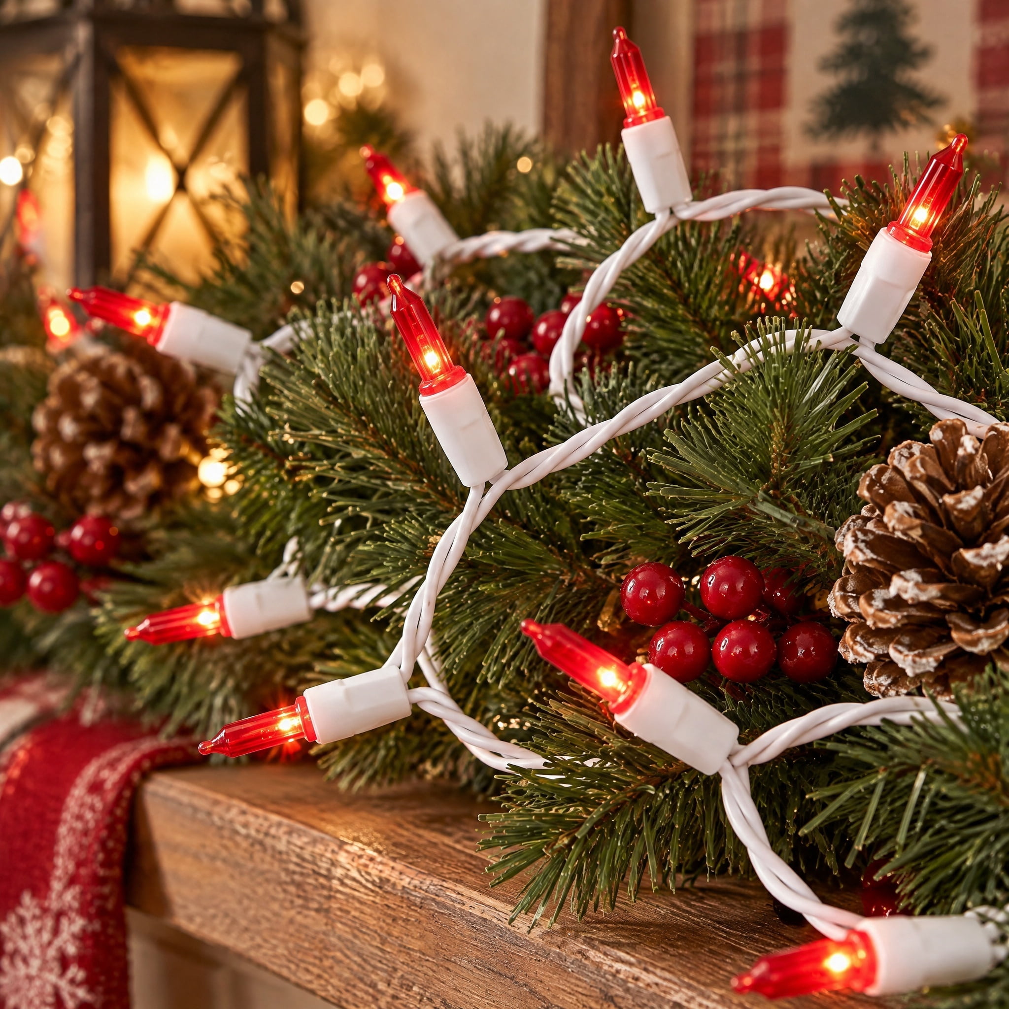 Indoor/Outdoor 100-Count LED Mini Christmas String Lights, Red, White Wire, 19.5', by Holiday Time