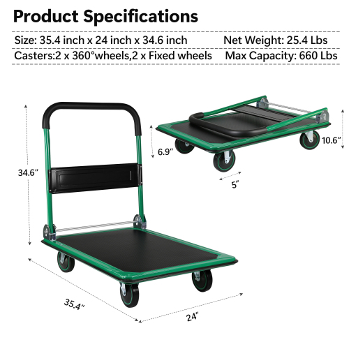 POWANLI Foldable Platform Truck, Push Dolly 660 LBS Weight Capacity, 360 Rolling, Folding Hand Truck for Luggage, Travel, Office, House (Green & Black) (35.4" x 24" x 34.6")
