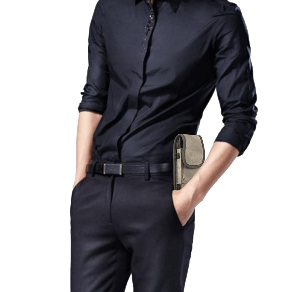 6.5-inch Vertical Light Brown Denim Universal Cell Phone Holster Pouch with Card Slots and Belt Clip