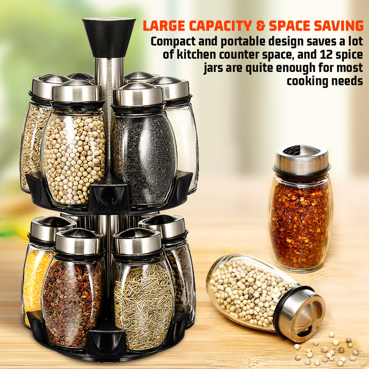 12 PCs Spice Jars Steel Spice Rack Round or Square Revolving Stainless Space Saving Kitchen Storage Organizer for Seasoning Dried Herbs 