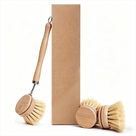 PLERISE Bamboo Dish Brush with 3 Replacement Heads, Kitchen Scrub Brush for Pots, Pans, and Dishes, Bamboo Handle with Natural Fiber Bristles