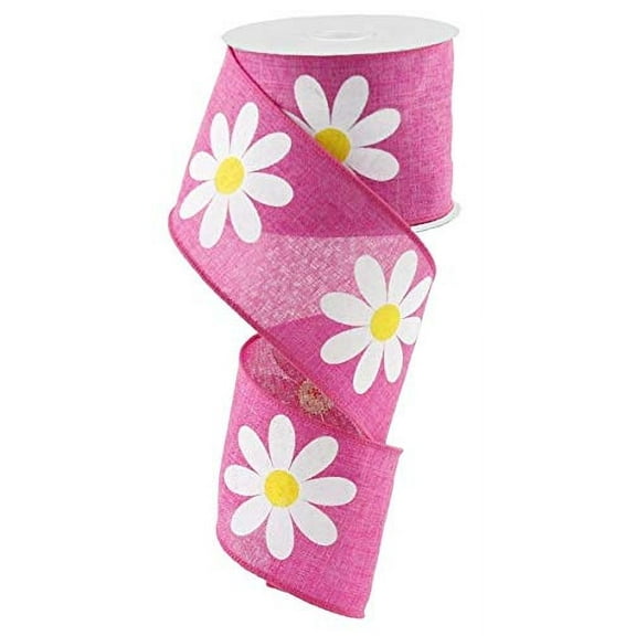 Daisy Flower Canvas Wired Edge Ribbon, 2.5" x 10 Yards (Fuschia Pink Yellow White)