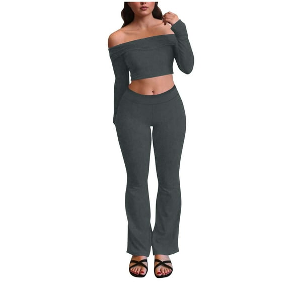 Fall Sets for Women Pants New Women's off the Shoulder Long Sleeve Tops and Wide Leg Pants Sets Two Piece Loungewear Outfits Casual Matching Set Gray XL