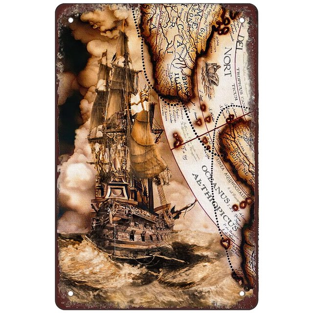 Letrero de metal retro divertido, letrero de hojalata, barco pirata y mapa quemado, mapa antiguo, decoración de pared para el hogar al aire libre (8 x 12 pulgadas)