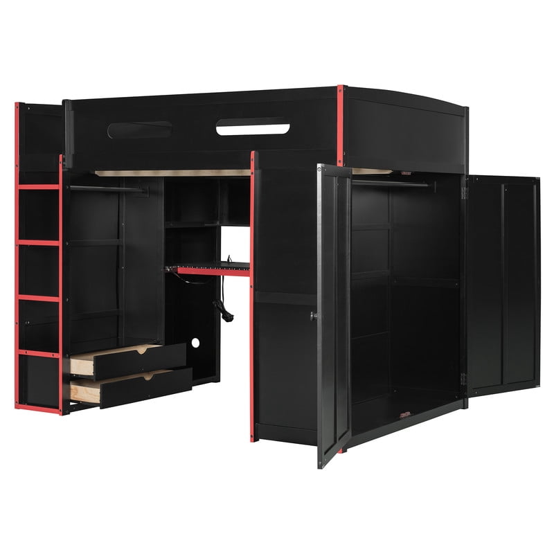 Full Size Wooden Loft Bed with Desk, Wardrobe and Storage Shelves, Gaming Loft Bed Frame with RGB LED Light, USB Charging Port and Built-In Workstation for Bedroom