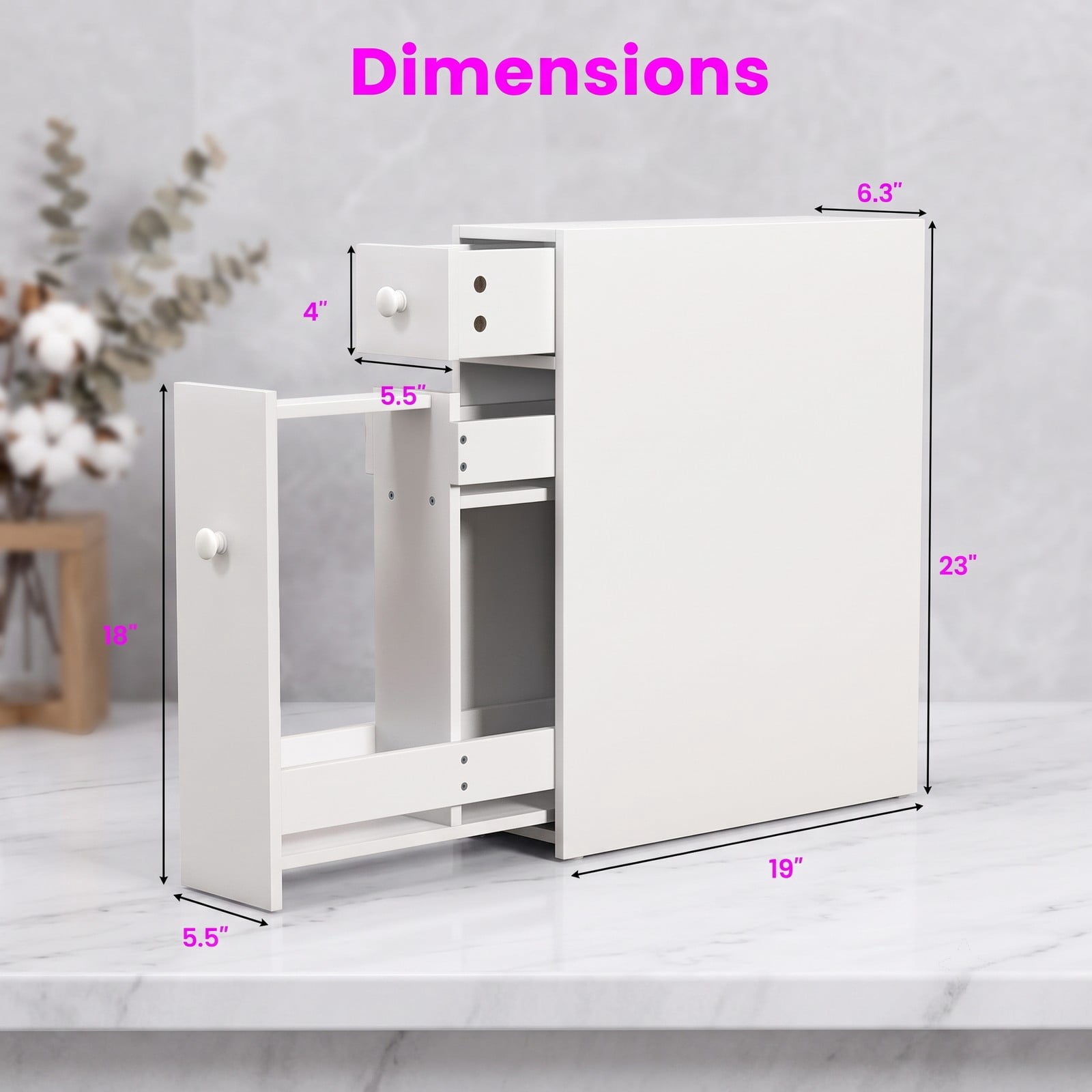 Fenbeli Slim Bathroom Floor Cabinet, Freestanding Slide-Out Space Saver Storage Organizer with Door, Narrow MDF Side Cabinet for Bathroom Living Room Kitchen, White