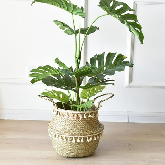 tejida para el vientre de hierba para almacenamiento, para macetas, lavandería, picnic y de comestibles, contenedor, decoraci - L L DYNWAVEMX Cesta de almacenamiento de pastos marinos