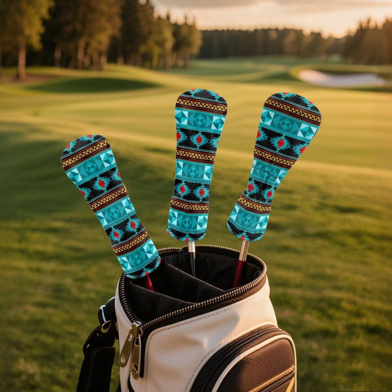 Uorisanigo Golf Club Head Covers - Driver, Fairway #3#5, Hybrid Headgear, Premium Aztec Turquoise Print Headcovers Set Fit Most Clubs, PU Leather Headcovers, Golf Accessories