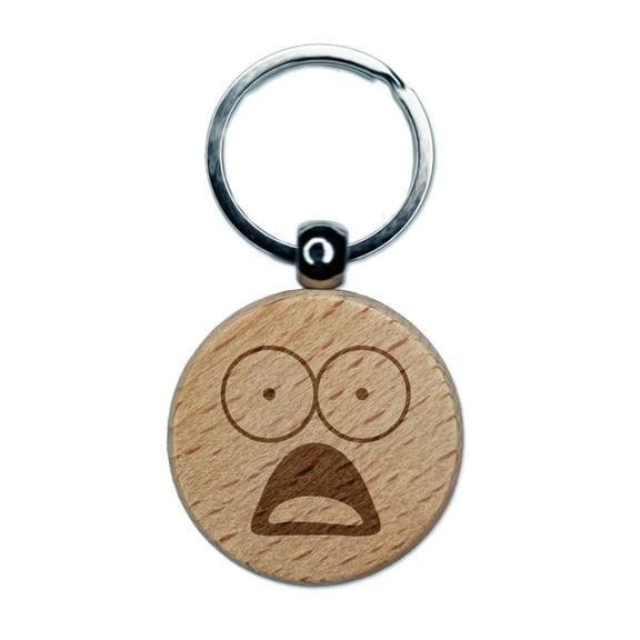 Mouth Agape Shocked Face Round Keychain Charm Tag - Engraved Wood
