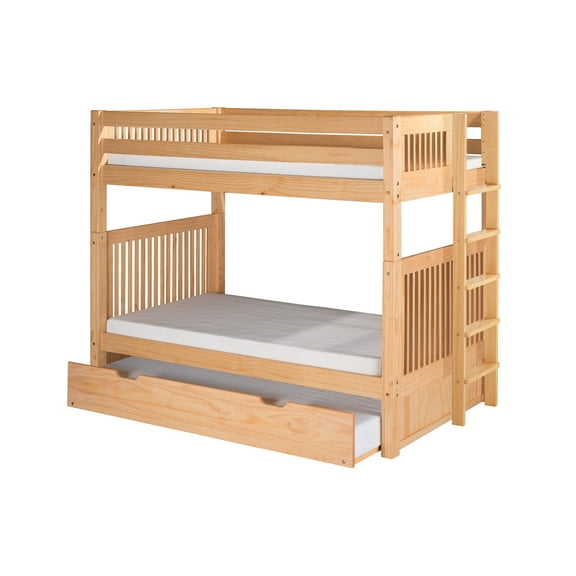 Camaflexi Twin over Twin Bunk Bed with Twin Trundle - Mission Headboard - Lateral Angle Ladder - Natural Finish