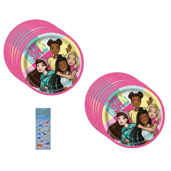 Barbie Birthday Party Supplies Bundle includes 16 Dessert Cake Paper Plates and 1 Dinosaur Sticker Sheet