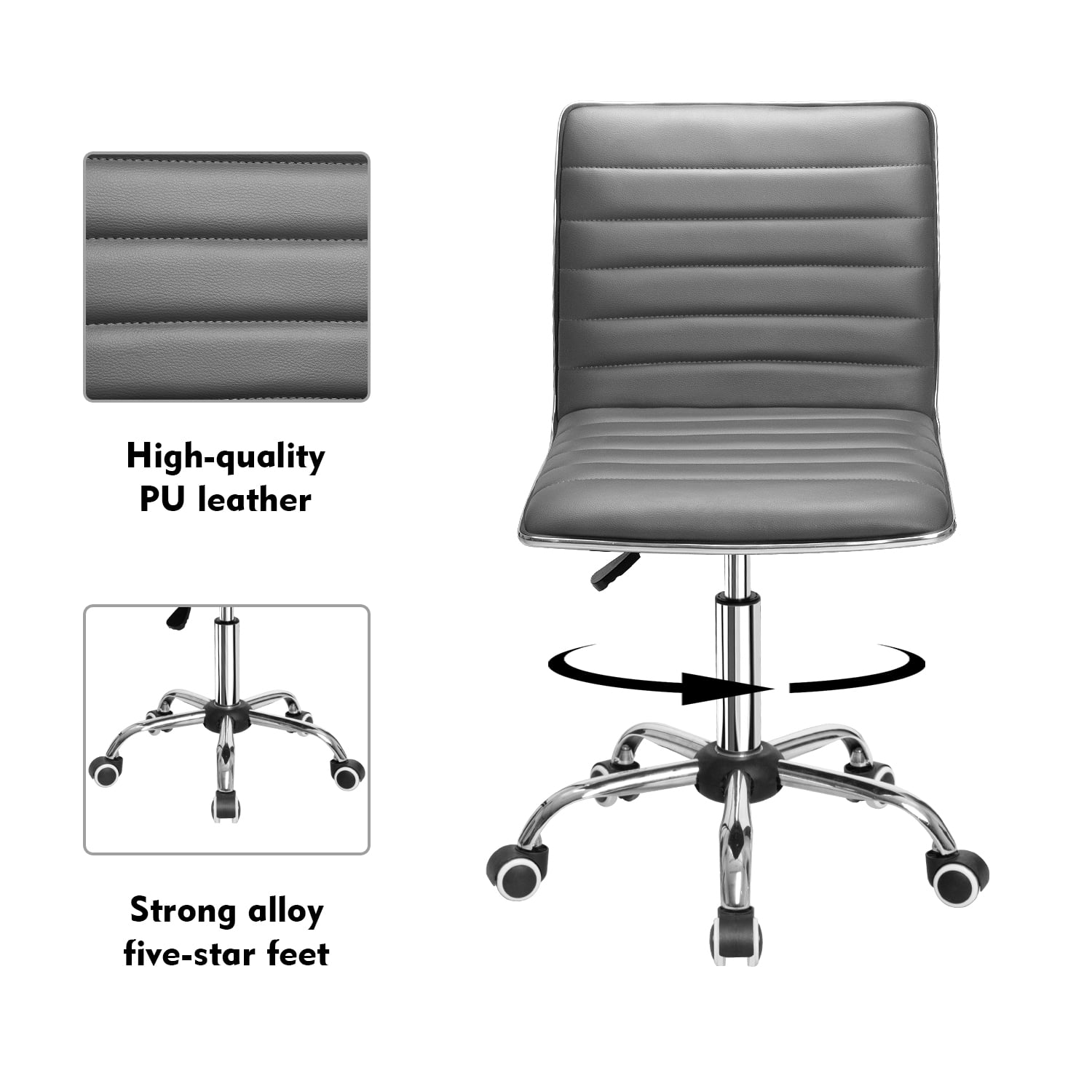 Furmax Leather Swivel Office Chair - Mid Back Vanity Chair for Makeup Desk, Armless Ribbed Task Chair with Ergonomic Support (Gray)