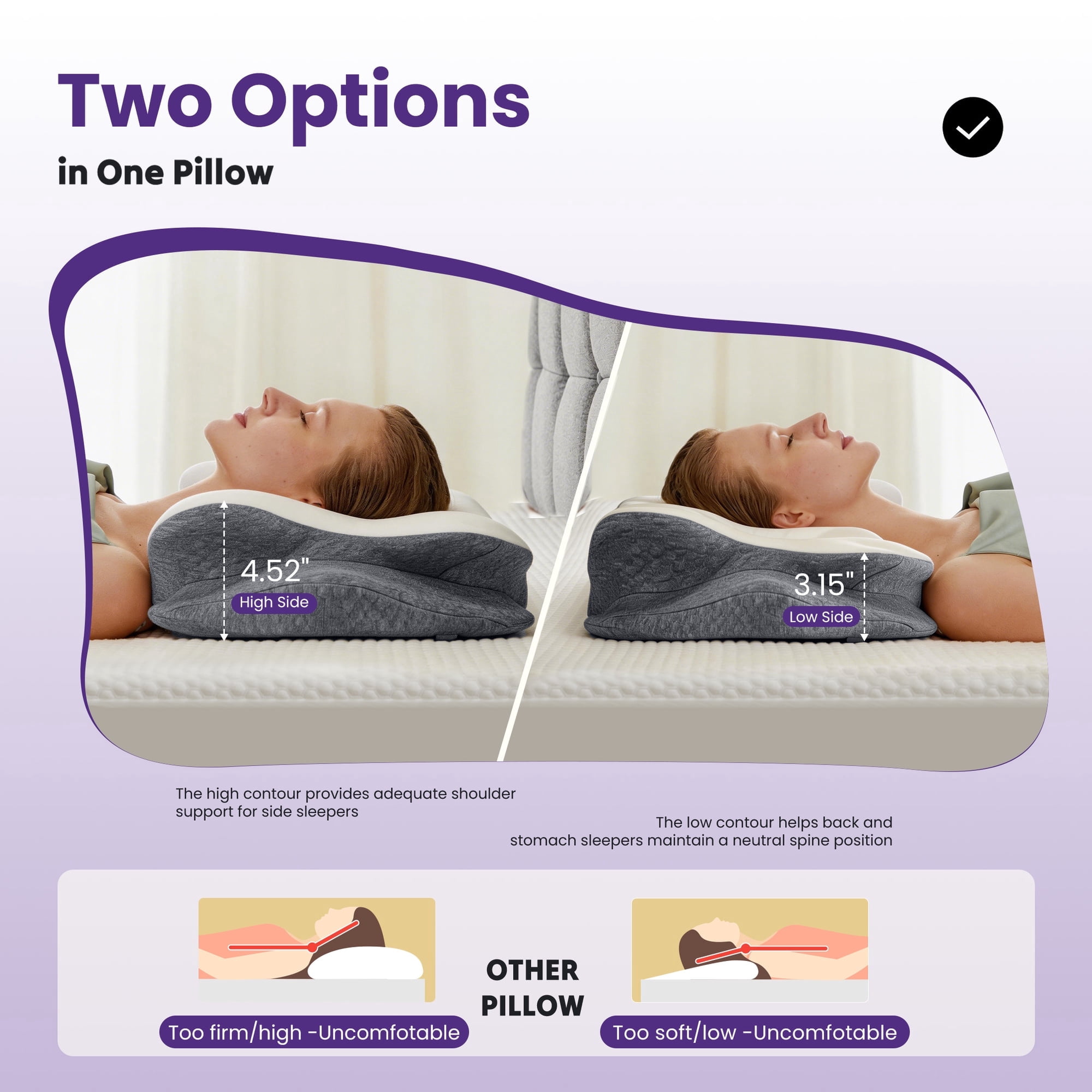 JIOABL Cervical Memory Foam Pillow, Contour Design with 2 Heights, Breathable Cover, Neck Support for Side Back Sleepers, Dark Gray