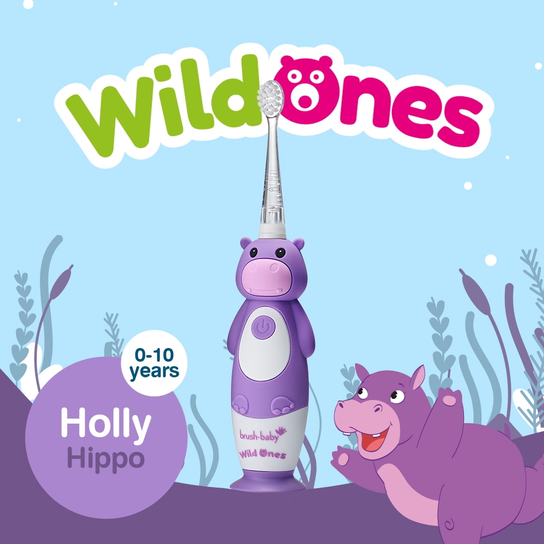 Brush-Baby WildOnes™ Rechargeable Kids Electric Toothbrush – Hippo | Flashing Lights, 2-Min Timer, Waterproof, 3 Brush Heads | Toddler & Child Toothbrush Ages 0-10 | Soft Bristles