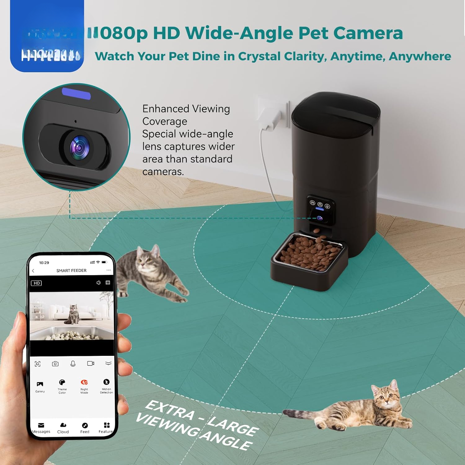Automatic Cat Feeder,Camera 1080P HD - 6L Pet Feeder, 2.4/5G WiFi Smart App Control, Bluetooth Assist Link,Wide-Angle Lens,Automatic Feeder for Small and Medium-Sized Pets