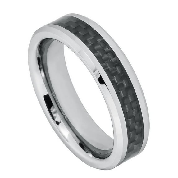 Custom Personalized Engraving Wedding Band Ring Set for Him & Her - 6mm Black Carbon Fiber Inlay