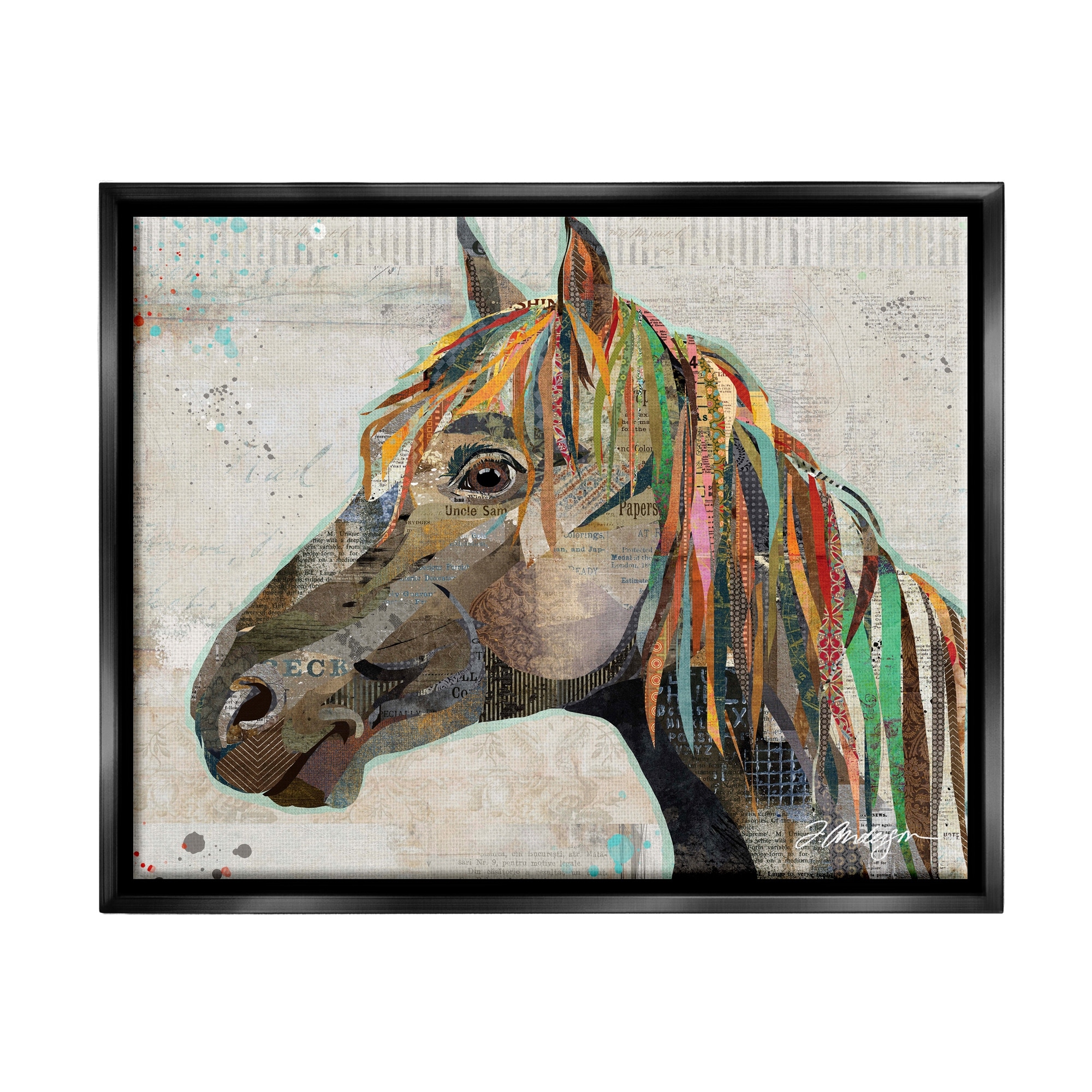 Stupell Industries Farm Horse Animal Portrait Varied Script Words Collage Graphic Art Jet Black Floating Framed Canvas Print Wall Art, Design by Traci Anderson