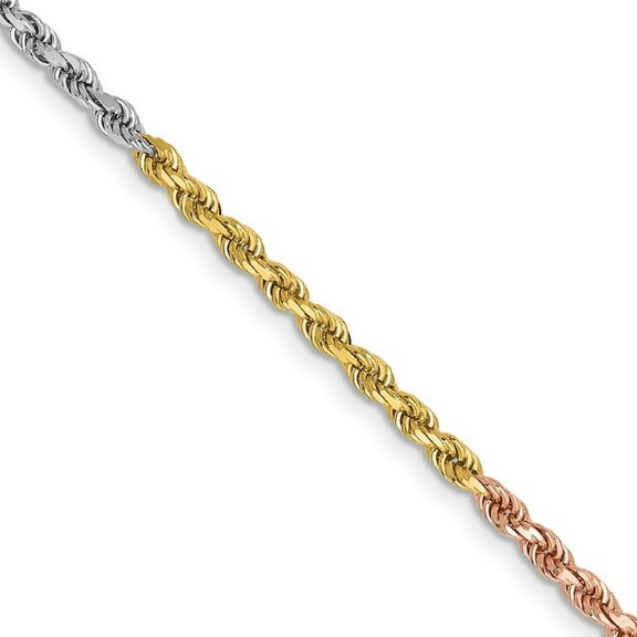 14k Tri Color Solid Gold 2.5mm D Cut Rope Chain Necklace 18 Inch Lobster Claw - Chain Necklace for Women and Men