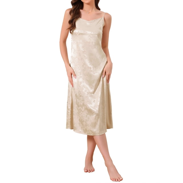 INSPIRAR CHIC Pijamas de Satén para Mujeres con Flores, Chemises de Cuello en V, Tirantes de Espagueti, Lencería, Vestidos de Noche Midi XS Champagne