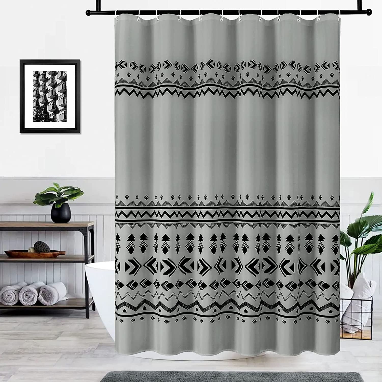 Cambpdkje Grey Boho Shower Curtain Set, Modern Farmhouse Shower Curtain