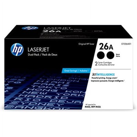 UPC: 0194441554410 | HP 26A Black Toner Cartridges (2-pack) | Compatible with HP LaserJet Pro M402 & MFP M426 Series | CF226AD1 | Weight 3.1
