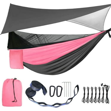 Camping Hammock Pink Grey Hammocks with Mosquito Net Tent and Rain Fly Tarp Portable Single & Double Nylon Parachute Hammock with Heavy Duty Tree Strap Outdoor Backpacking Survival Travel
