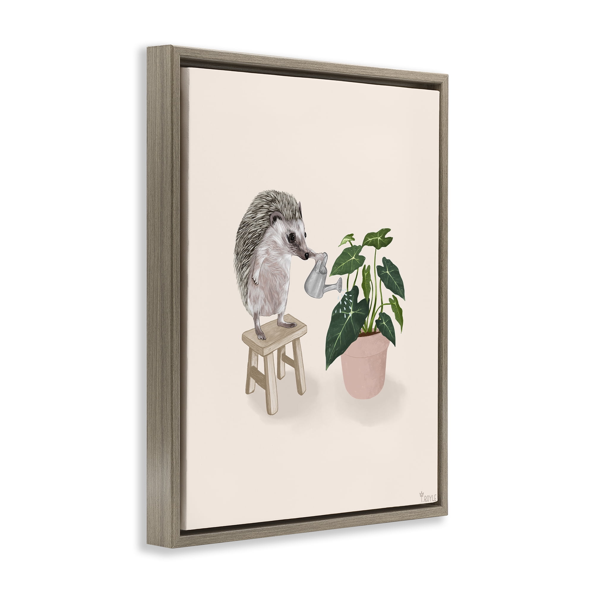 Stupell Industries Hedgehog Watering Plant Animals & Insects Painting Brown Floater Framed Canvas Art Print Wall Art, 17 x 21