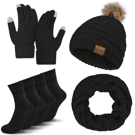 KOITHOT 5 Pcs Women Winter Beanie Hat Gloves Scarf Set, Warm Thick Soft Knitted Touch Screen Black