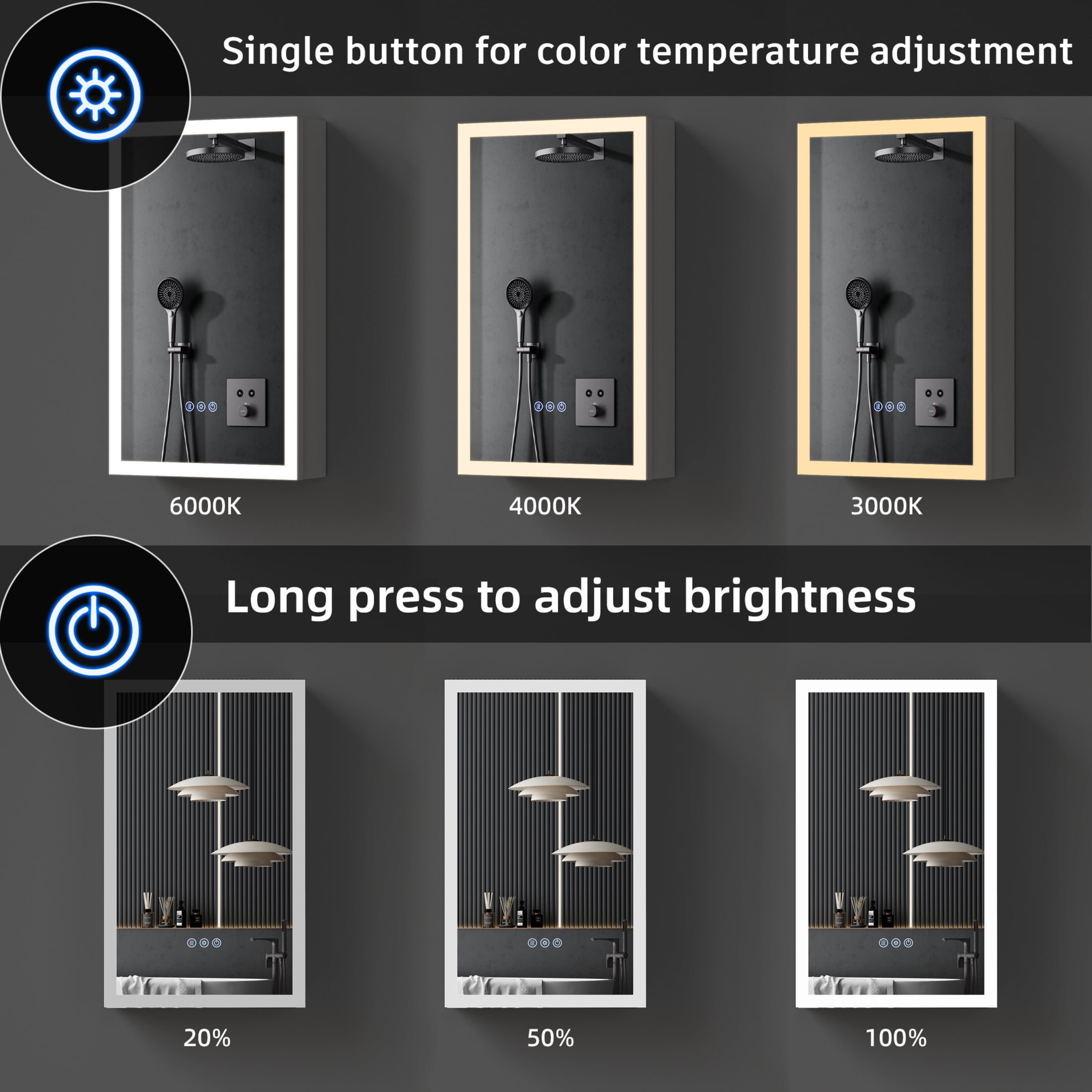 Noble House 16" x 26" LED Lighted Medicine Cabinet with Mirror, Adjustable Brightness, Recessed or Wall Mount, Silver