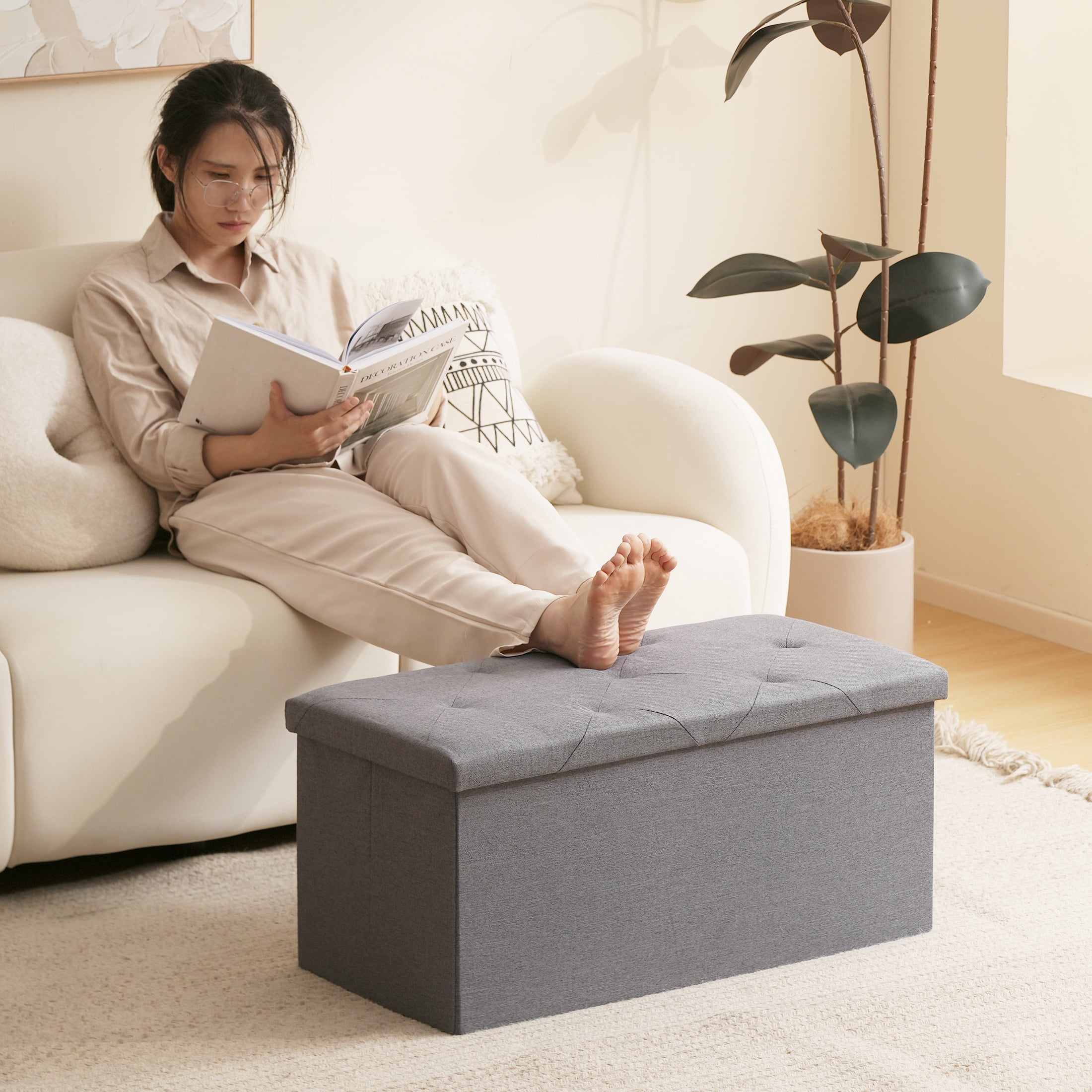 30" Folding Storage Ottoman Bench Ottoman with Storage Footrest for Living Room Gray