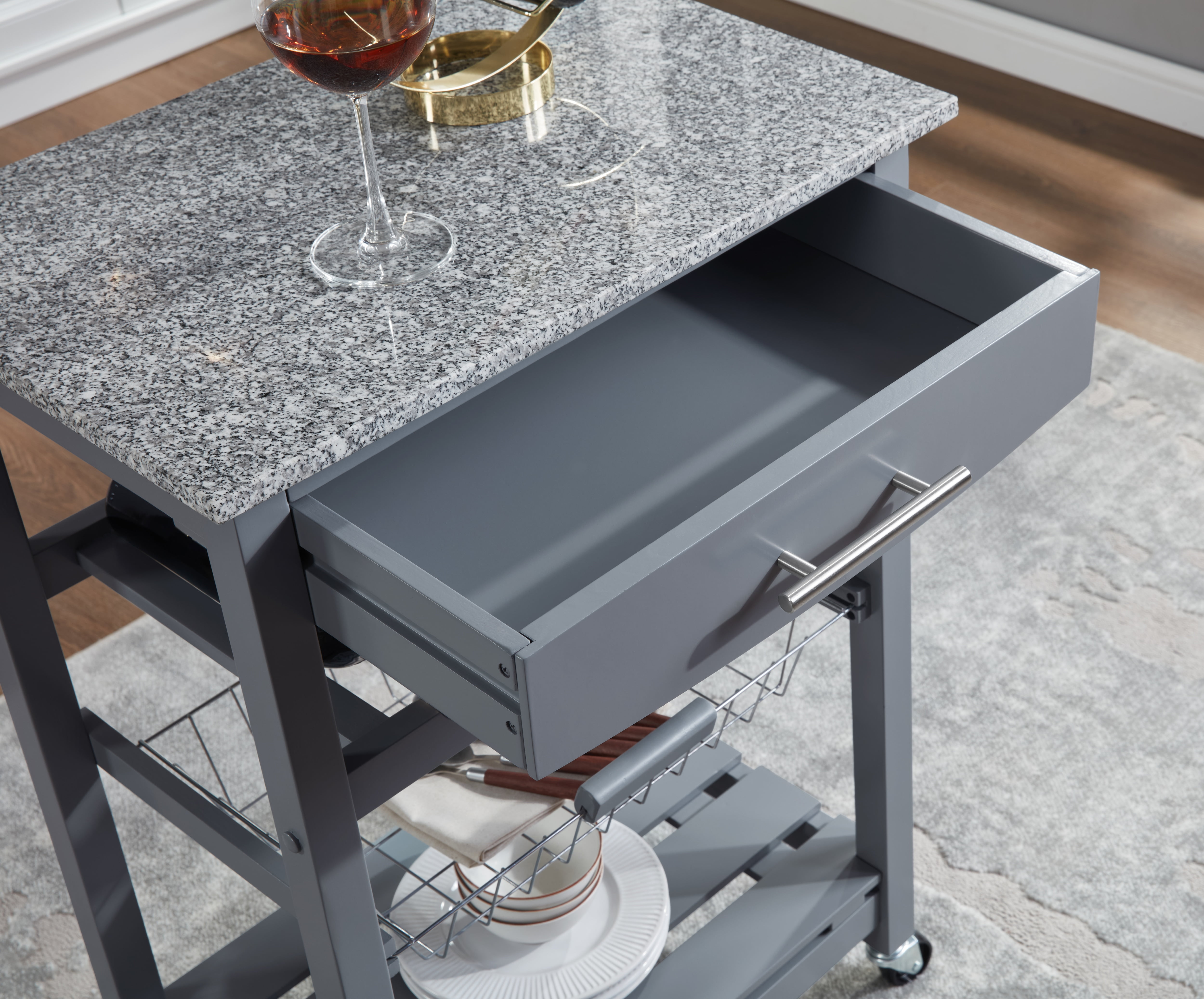 Mobile Rolling Kitchen Island with Marble Top, Drawer & Storage Basket
