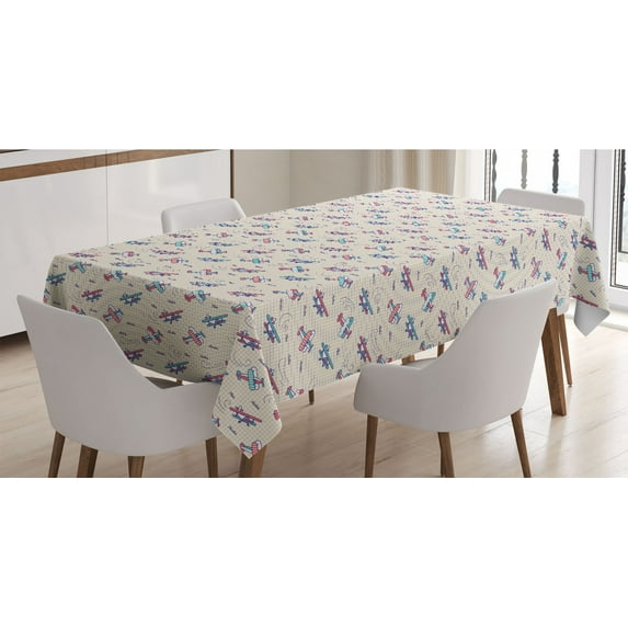 Vintage Airplane Tablecloth, Colorful Aircrafts on Notebook Background Adventure Exploration Theme, Rectangle Satin Table Cover Accent for Dining Room and Kitchen, 60" X 84", Multicolor, by Ambesonne
