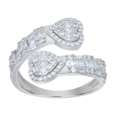 925 Sterling Silver Womens Baguette Round Cubic-Zirconia Heart Bypass Fashion Ring Size 6