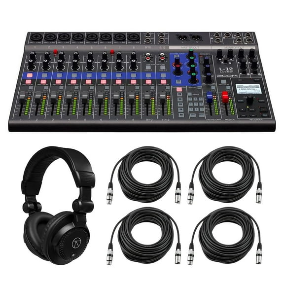Zoom LiveTrak L-12 12-Channel Digital Mixer & Multitrack Recorder, Bundle with TAPH100 Monitor Headphones and 4x 50' XLR Cable
