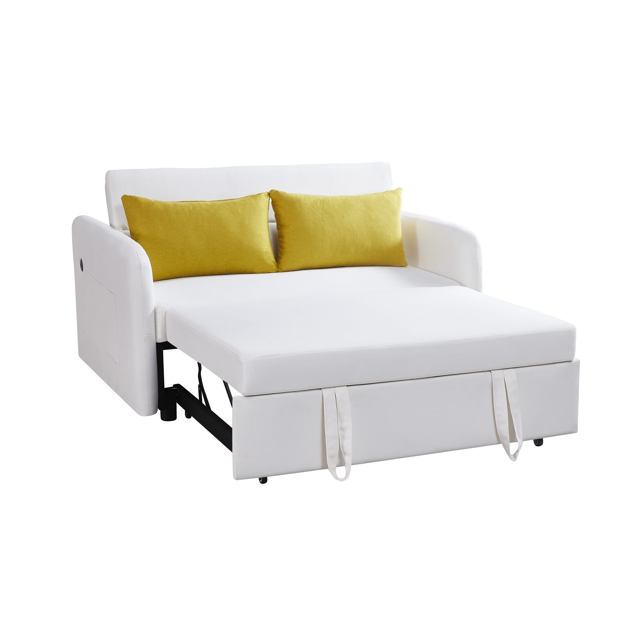 3 in 1 Convertible Sleeper Sofa Bed with Pull Out Bed ,Modern Linen Fabric Upholstered Loveseat Sofa Couch with 2 Pillows and Adjsutable Backrest,Cream White