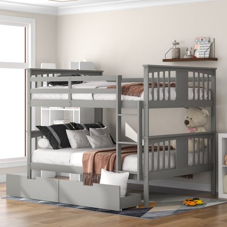 Full Over Full Bunk Bed with Drawers and Ladder for Bedroom  Guest Room Furniture-Gray