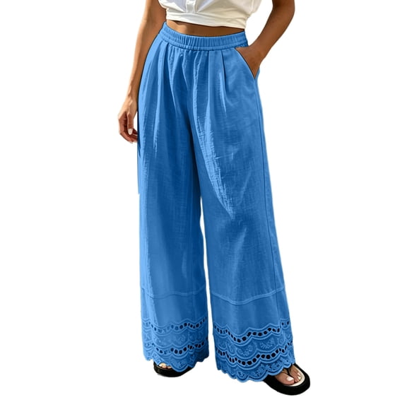 Karymi Jeans for Women Solid Linen Blend Palazzo Pants, High Waist Pleated Long Trousers, Scalloped Eyelet Lace Hem Beach Vacation Pants With Pocket Wide Leg Pants Woman