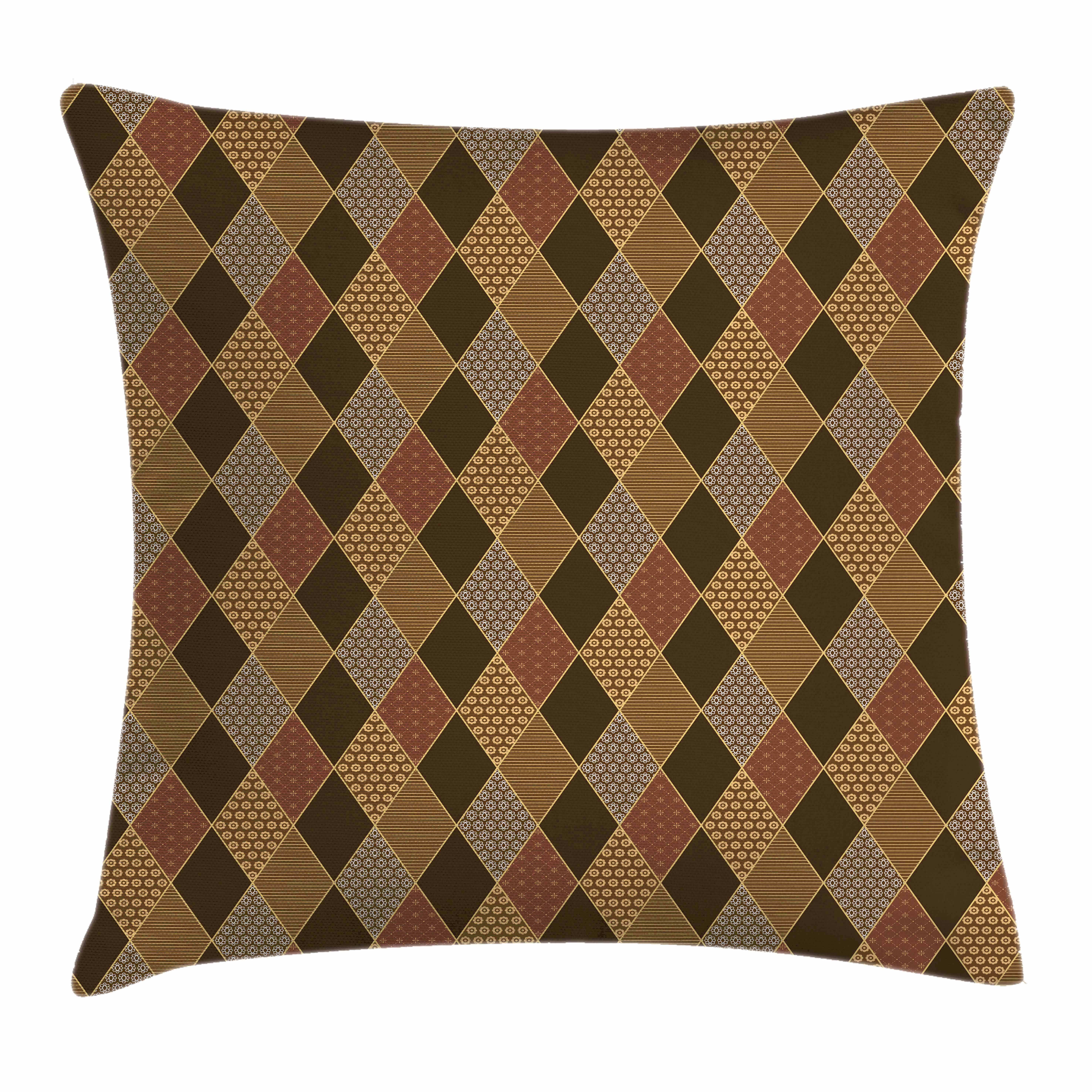 Brown Throw Pillow Cushion Cover, Lozenge Pattern in Patchwork Style