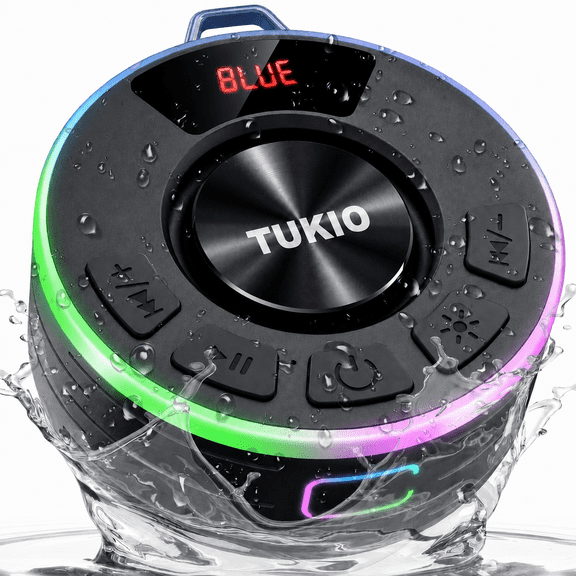 Tukio Bluetooth Speaker, IPX7 Waterproof Shower Speaker with Suction Cup, Mini Portable Speaker, 12H Playtime, Bluetooth 5.4, 360° Sound, RGB LED, Hands-Free Calls, Outdoor Pool Beach Gifts, Black